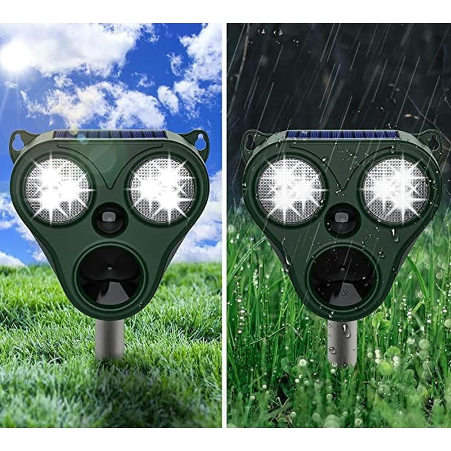 Aparat Solar LED cu Ultrasunete, Kadeny, Repelent pentru Animale Mari si Mici, Lumina Rosie si Alba, Anti Rozatoare, Anti Insecte, Frecventa 13.5KHZ-65 KHZ, Senzor PIR, 13 x 14.7 x 24.5 cm, Verde