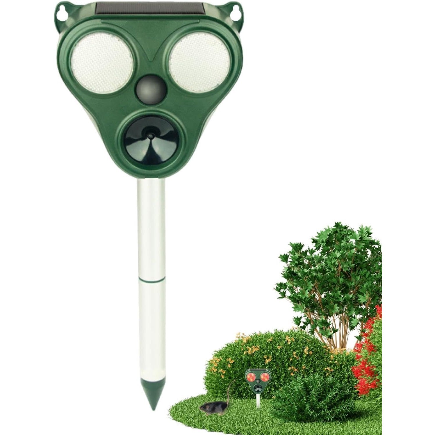 Aparat Solar LED cu Ultrasunete, Kadeny, Repelent pentru Animale Mari si Mici, Lumina Rosie si Alba, Anti Rozatoare, Anti Insecte, Frecventa 13.5KHZ-65 KHZ, Senzor PIR, 13 x 14.7 x 24.5 cm, Verde