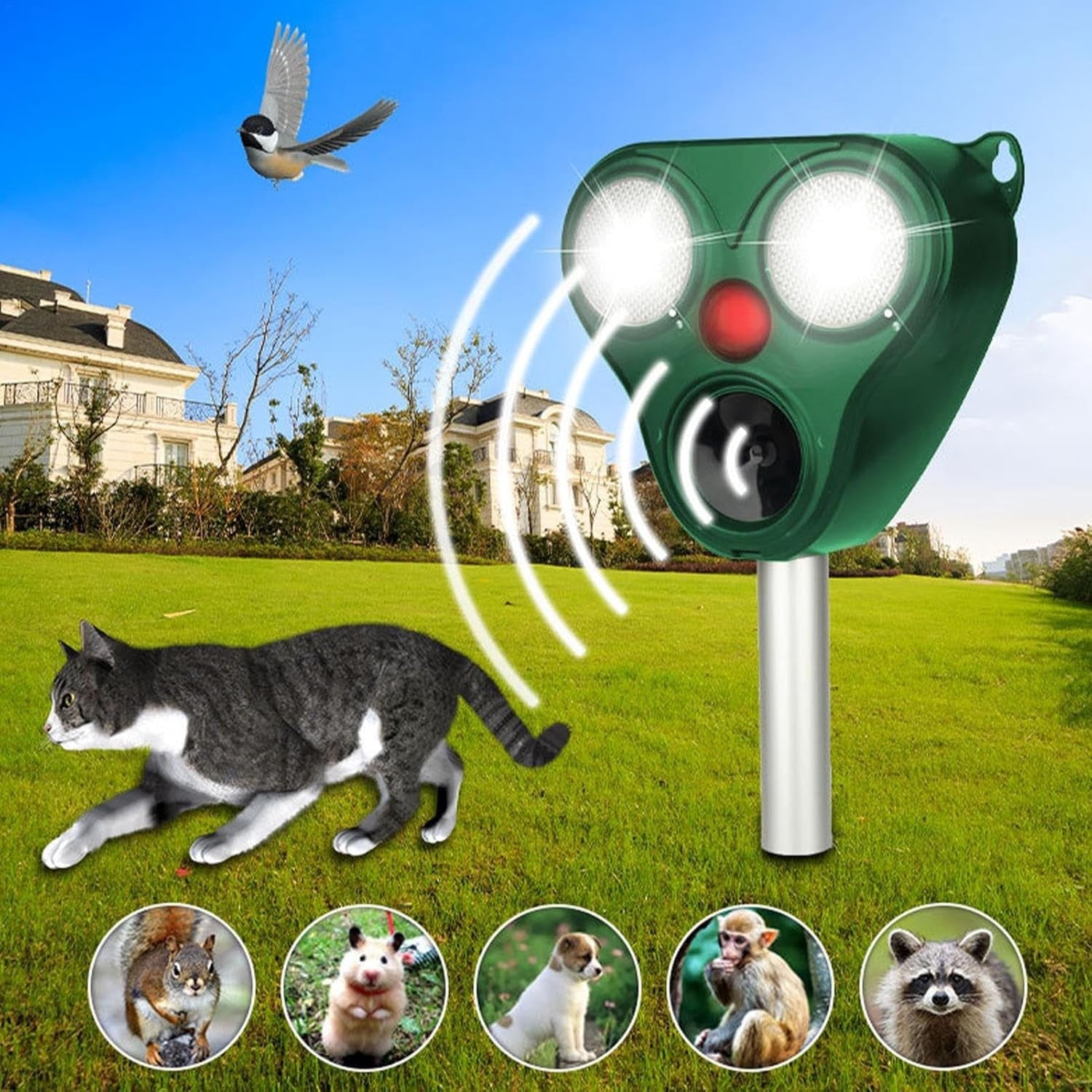 Aparat Solar LED cu Ultrasunete, Kadeny, Repelent pentru Animale Mari si Mici, Lumina Rosie si Alba, Anti Rozatoare, Anti Insecte, Frecventa 13.5KHZ-65 KHZ, Senzor PIR, 13 x 14.7 x 24.5 cm, Verde