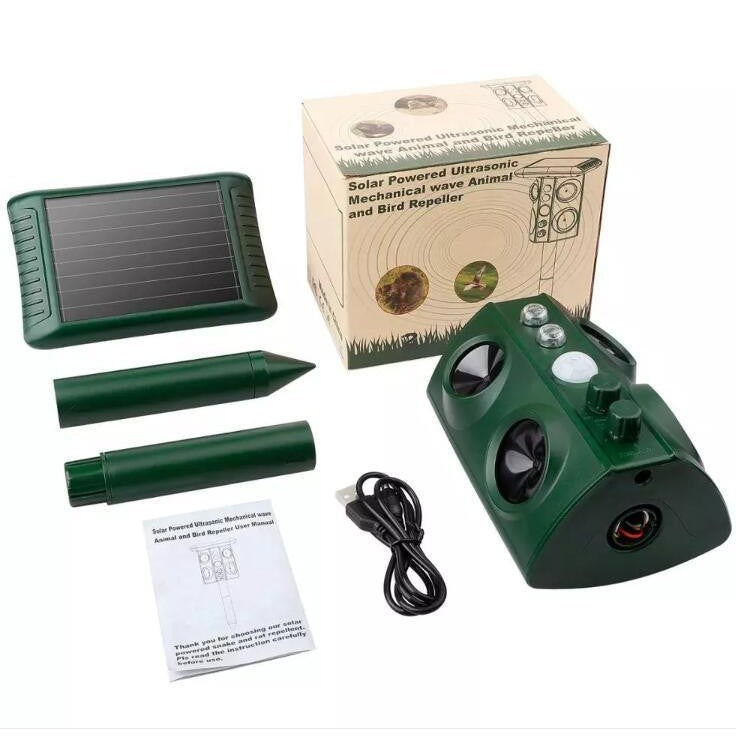Aparat Solar LED cu Ultrasunete, Kadeny, Repelent pentru Animale Mari si Mici, Lumina Rosie si Alba, Anti Rozatoare, Anti Insecte, Frecventa 13.5KHZ-45.5KHZ, Senzor PIR, 15.5 x 15.4 x 26.2 cm, Verde
