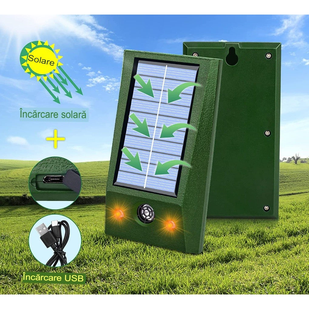 Aparat Solar LED cu Ultrasunete, Kadeny, Repelent pentru Animale Mari si Mici, Lumina Rosie si Alba, Anti Rozatoare, Anti Insecte, Frecventa 9-36.5KHZ, 12 X 6.5 cm, Verde