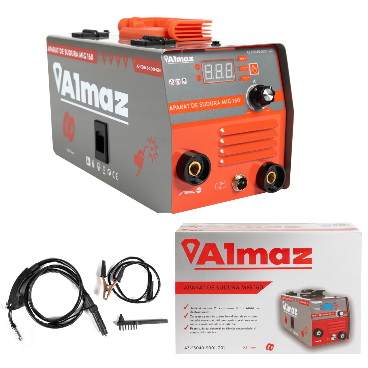 Aparat sudura Almaz, MMA+FCAW(doar sudura sarma flux), intensitate maxima 160A, afisaj digital