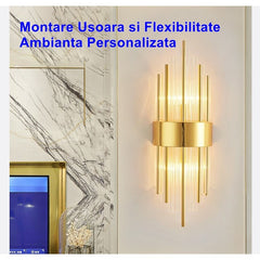Aplica de Perete, Kadeny, pentru Interior, din Otel Inoxidabil si Sticla, 40 x 16 cm, LED, Auriu