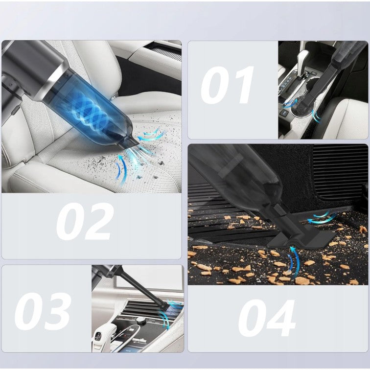 Aspirator Portabil Auto, Kadeny, pentru Casa si Masina, 3 Viteze, Incarcator Tip-C cu Incarcare Rapida, Tub Prelungitor, 2000mAh, 7 Capete de Aspirare si Suflare, 21x20x6.5 cm, Negru