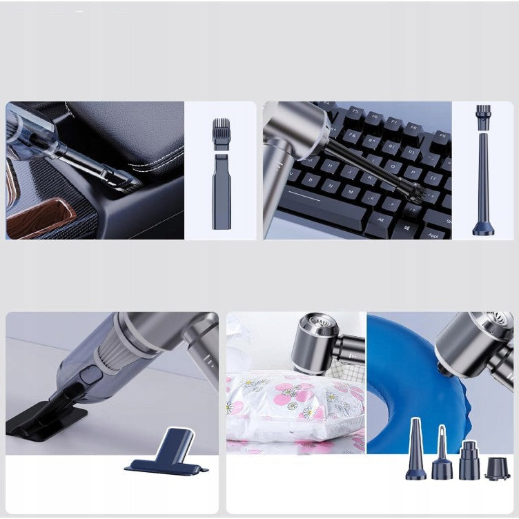 Aspirator Portabil Auto, Kadeny, pentru Casa si Masina, 3 Viteze, Incarcator Tip-C cu Incarcare Rapida, Tub Prelungitor, 2000mAh, 7 Capete de Aspirare si Suflare, 21x20x6.5 cm, Negru