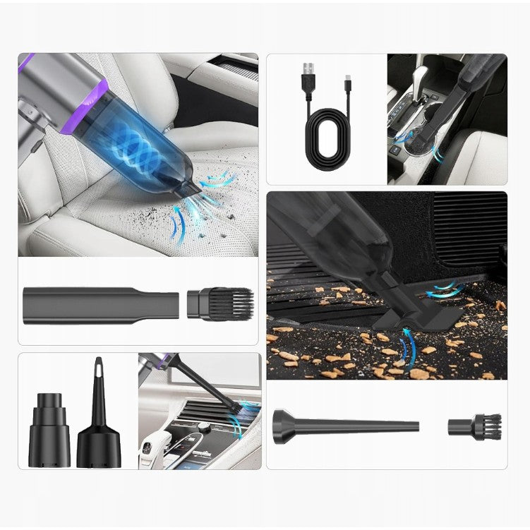 Aspirator Portabil Auto, Kadeny, pentru Casa si Masina, 3 Viteze, Incarcator Tip-C cu Incarcare Rapida, Tub Prelungitor, 2000mAh, 7 Capete de Aspirare si Suflare, 21x20x6.5 cm, Argintiu Mov