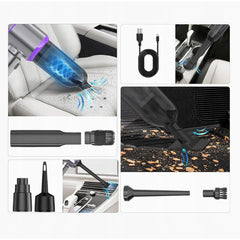 Aspirator Portabil Auto, Kadeny, pentru Casa si Masina, 3 Viteze, Incarcator Tip-C cu Incarcare Rapida, Tub Prelungitor, 2000mAh, 7 Capete de Aspirare si Suflare, 21x20x6.5 cm, Argintiu Mov