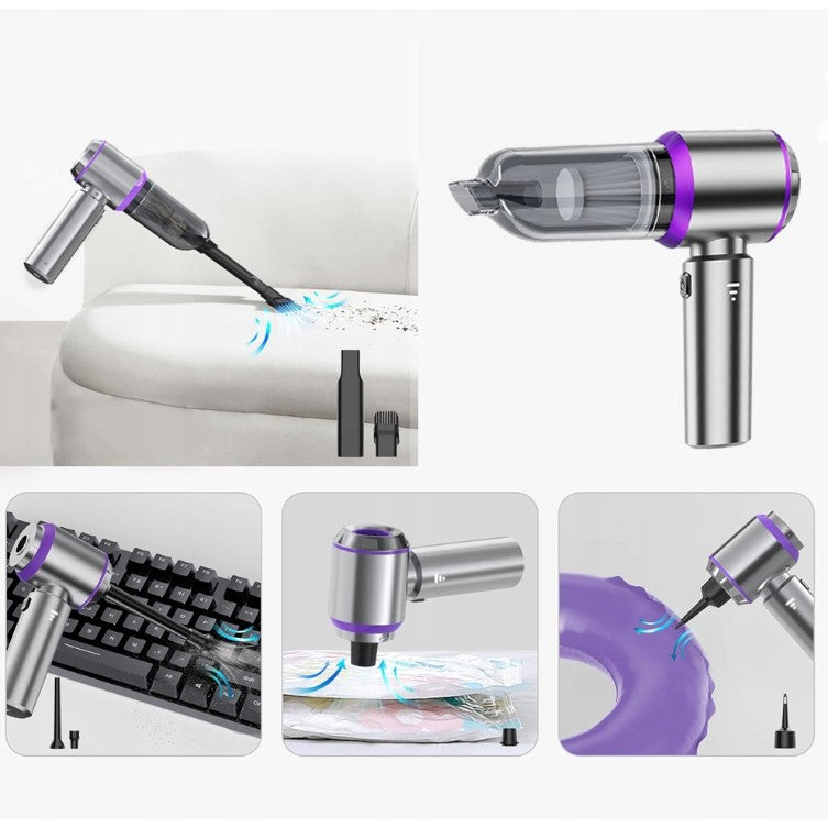 Aspirator Portabil Auto, Kadeny, pentru Casa si Masina, 3 Viteze, Incarcator Tip-C cu Incarcare Rapida, Tub Prelungitor, 2000mAh, 7 Capete de Aspirare si Suflare, 21x20x6.5 cm, Argintiu Mov