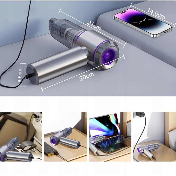 Aspirator Portabil Auto, Kadeny, pentru Casa si Masina, 3 Viteze, Incarcator Tip-C cu Incarcare Rapida, Tub Prelungitor, 2000mAh, 7 Capete de Aspirare si Suflare, 21x20x6.5 cm, Argintiu Mov