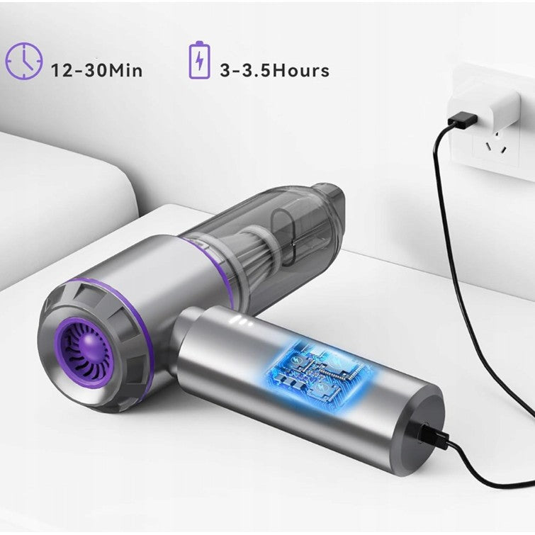 Aspirator Portabil Auto, Kadeny, pentru Casa si Masina, 3 Viteze, Incarcator Tip-C cu Incarcare Rapida, Tub Prelungitor, 2000mAh, 7 Capete de Aspirare si Suflare, 21x20x6.5 cm, Argintiu Mov