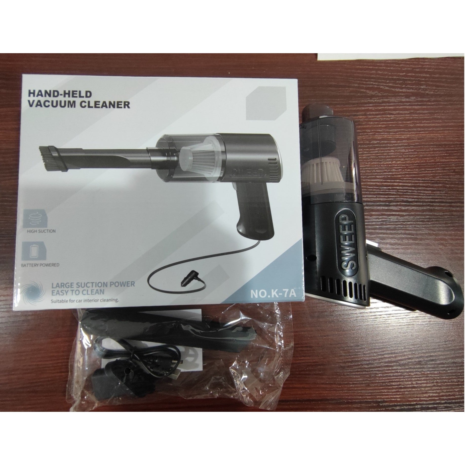 Aspirator Portabil Fara Fir, Kadeny, Tip Pistol K7, Pentru Casa si Masina, Incarcare USB, Autonomie 30 Min, 36 x 17 cm, Negru