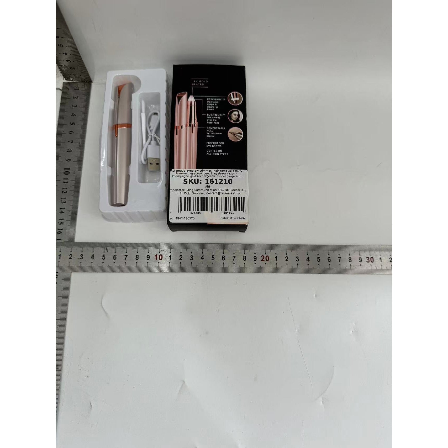 Trimmer Facial, Kaveny, pentru Sprancene, Incarcare USB, 1.5 x 13 cm, din ABS, Sampanie