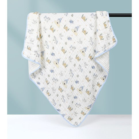 Prosop de baie din bumbac si tifon pentru Bebelusi, Kadeny, cu Sase Straturi, pentru Copii, 110x110 cm, Model Unicorni, Bej Albastru