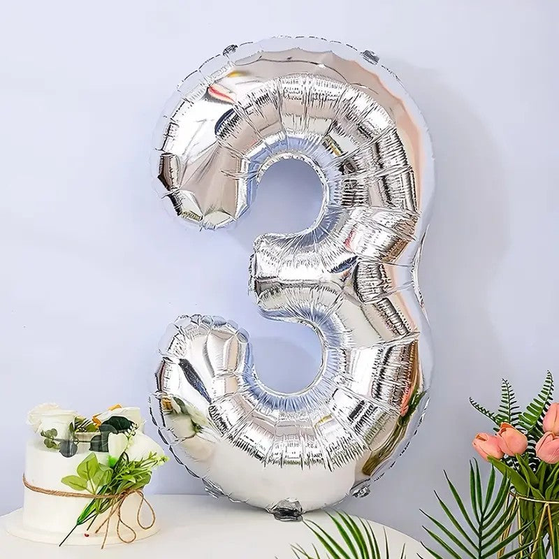 Balon din Folie Kaveny, Cifra 3, 81 cm, Pentru Aer sau Heliu, Bulk, Argintiu