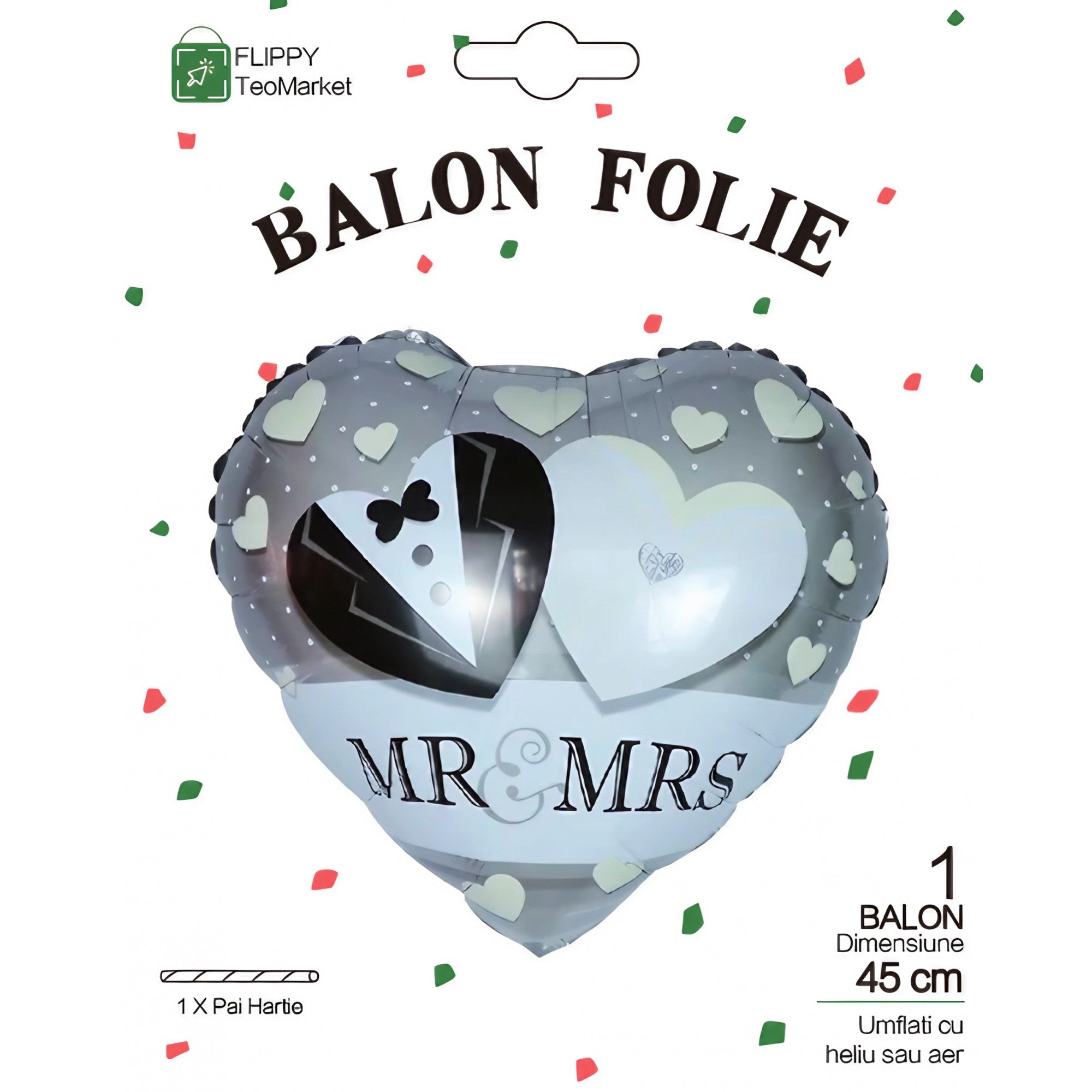 Balon din Folie Metalizata, Kaveny, Figurina Inima, Model Mr&Mrs, Tema Nunta, 45 cm, Ambalaj Individual, Pai Inclus, Umflare cu Aer sau Heliu, Gri