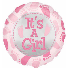 Balon din Folie Metalizata, Kaveny, Figurina Rotunda, Model It's a Girl, Tema Gender Reveal, 45 cm, Ambalaj Individual, Pai Inclus, Umflare cu Aer sau Heliu, Roz