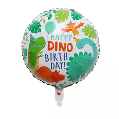 Balon din Folie Metalizata, Kaveny, Mini Figurina Rotunda, Model Happy Birthday cu Dinozauri, Tema Aniversare, 45 cm, Ambalaj Individual, Pai inclus, Umflare cu Aer sau Heliu, Multicolor