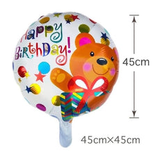 Balon din Folie Metalizata, Kaveny, Mini Figurina Rotunda, Model Happy Birthday Ursulet, Tema Aniversare, 45 cm, Ambalaj Individual, Pai inclus, Umflare cu Aer sau Heliu, Maro