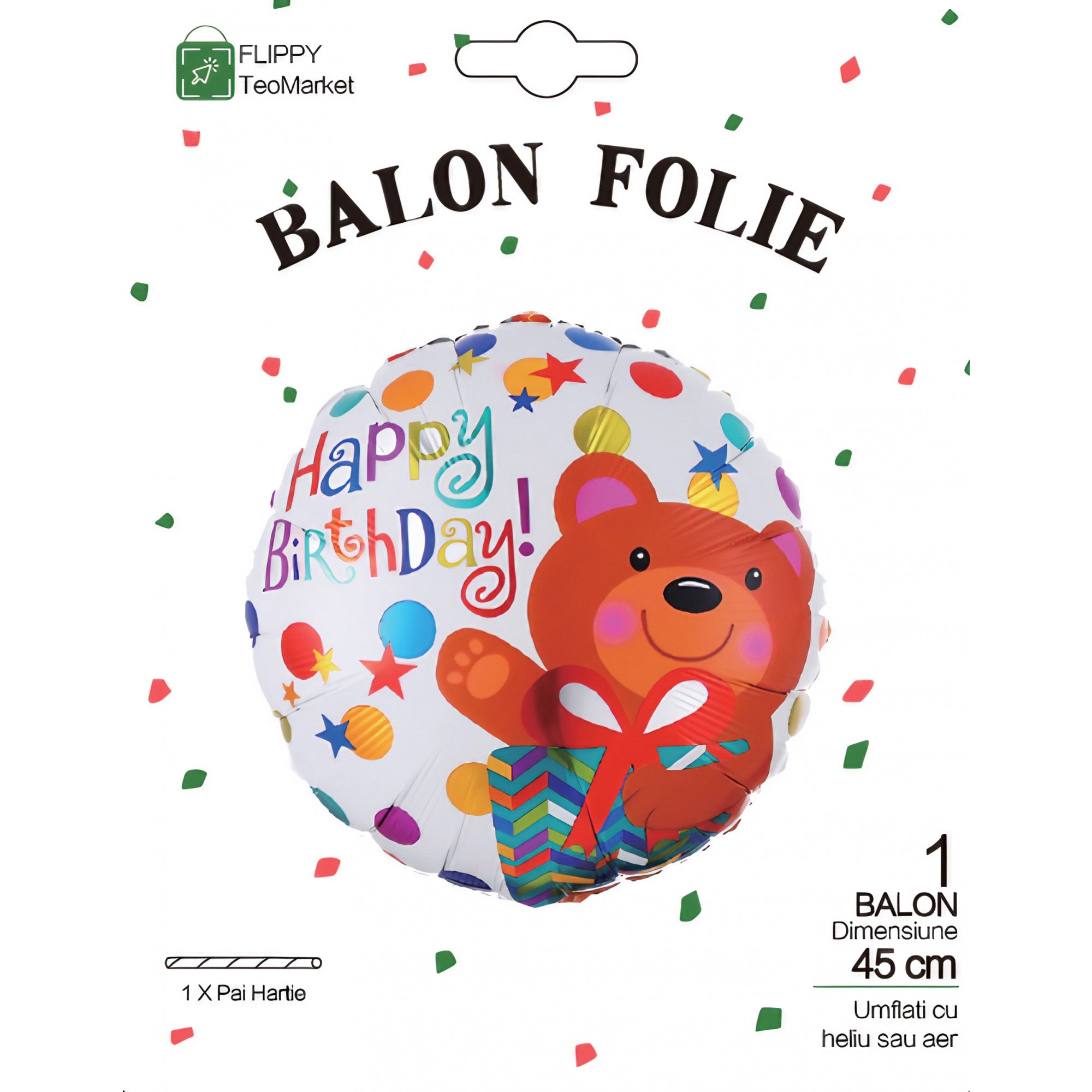 Balon din Folie Metalizata, Kaveny, Mini Figurina Rotunda, Model Happy Birthday Ursulet, Tema Aniversare, 45 cm, Ambalaj Individual, Pai inclus, Umflare cu Aer sau Heliu, Maro