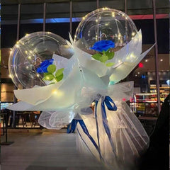 Trandafir in Balon LED cu Lumini, Kaveny, Tip Buchet, Diametru 35 cm, Albastru