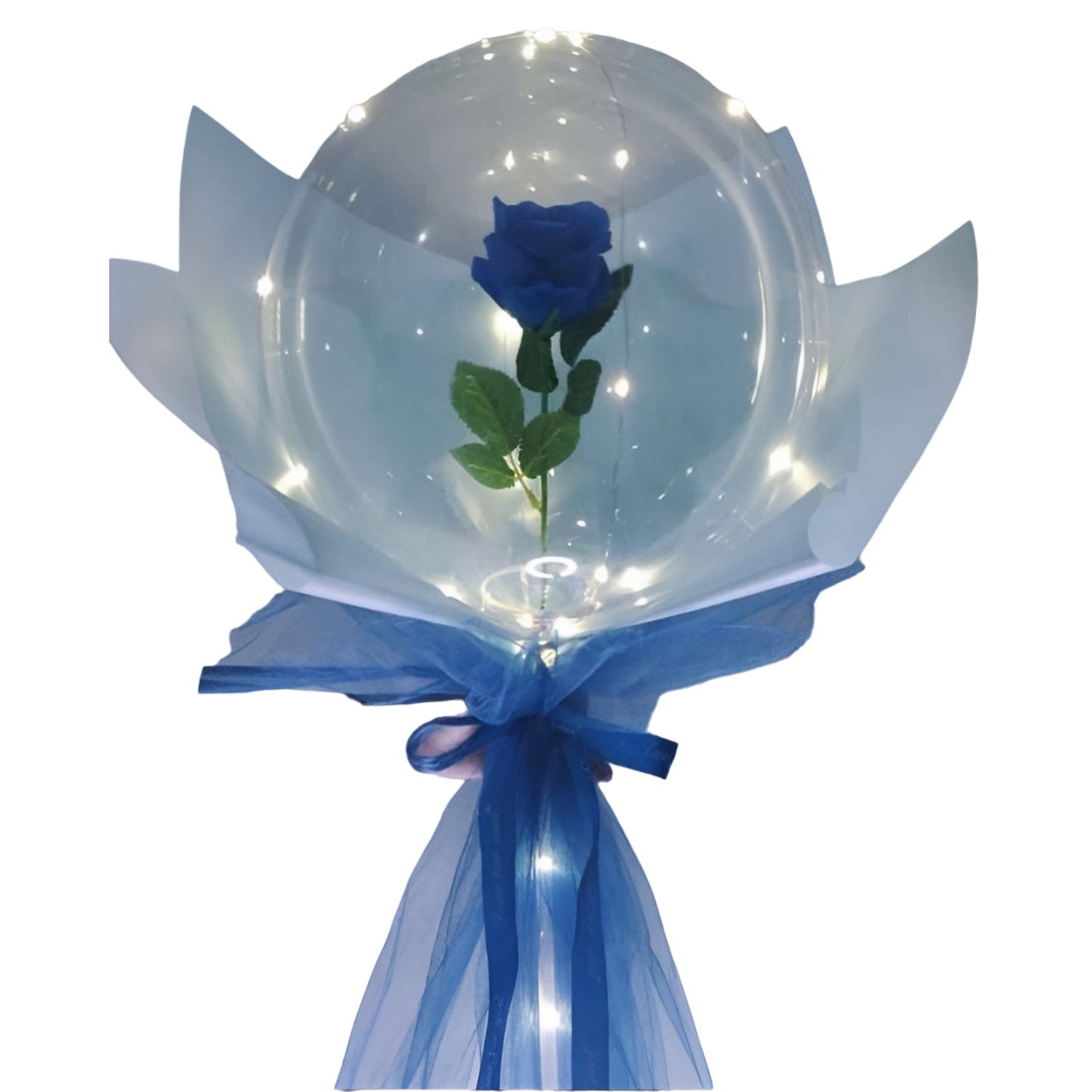 Trandafir in Balon LED cu Lumini, Kaveny, Tip Buchet, Diametru 35 cm, Albastru