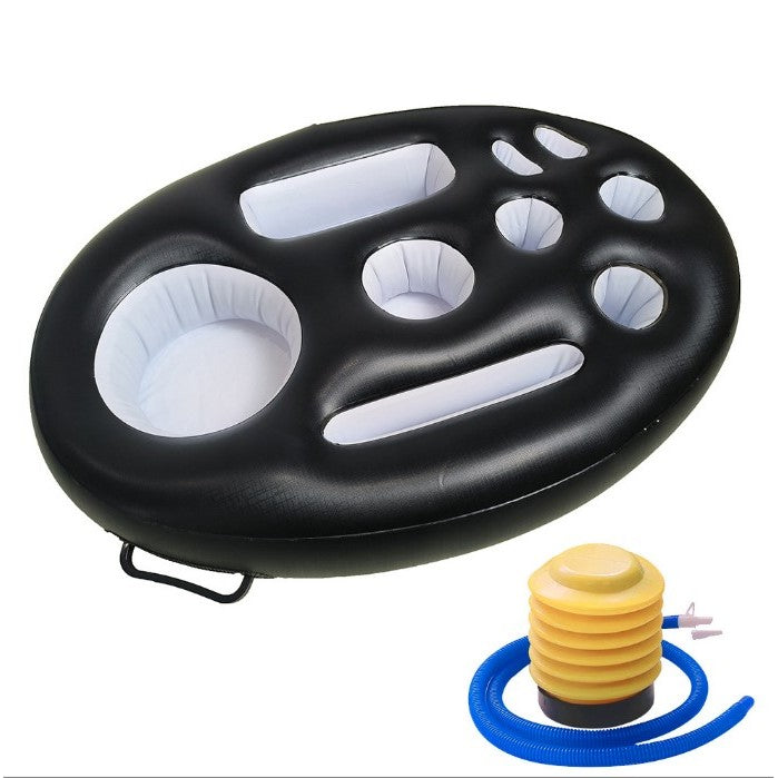 Bar gonflabil/Suport de pahare plutitor, Kaveny, cu 9 compartimente, pompa inclusa, PVC, Negru, 25x18,5x4 cm