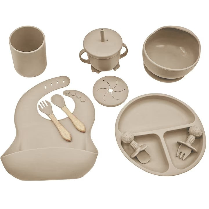 Set 10 piese hranire bebe, diversificare, silicon, baveta, farfurie, bol cu ventuza, lingurita si furculita, cana gustari, lingurita de lemn, si furculita de lemn, fara alergeni, ceasca dreapta, Roz.