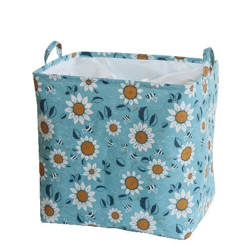 Cos depozitare, Kaveny, Capac cu Snur, 175 L, Confectionat din Bumbac si un Strat Impermeabil, 50 x 50 x 70 cm, Albastru Deschis, Imprimeu Flori