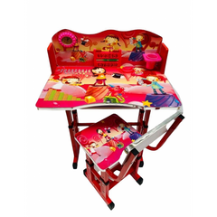 Birou scolar cu scaun, blat MDF, cadru metalic, inaltime reglabila 55-62cm, panou frontal cu accesorii, pentru fete