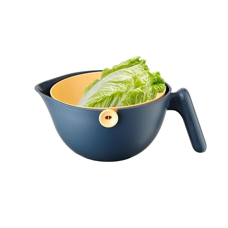 Bol cu Doua Straturi, Kadeny, pentru Fructe, Legume, cu Cos de Scurgere a Apei, 2L, din ABS+PP, 29.9 x 22.5 x 11.8 cm, Albastru-Portocaliu