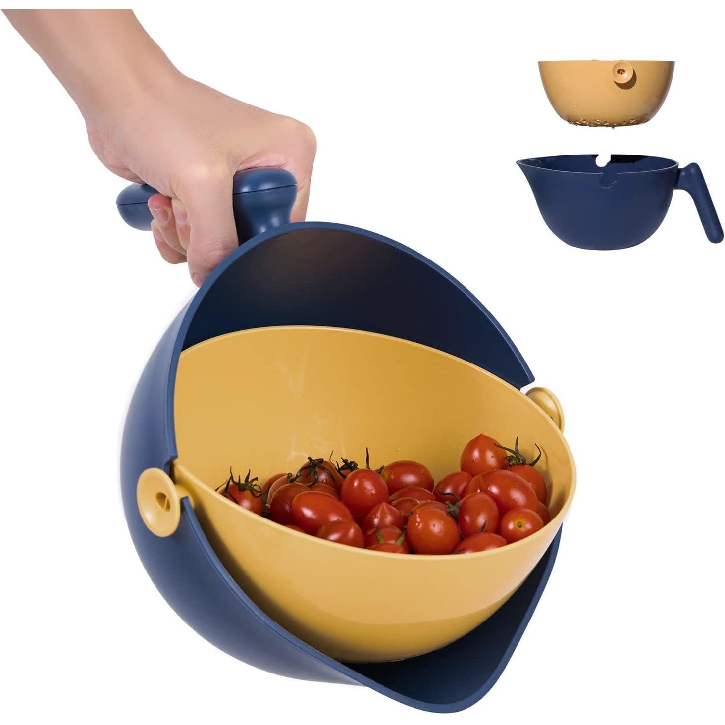 Bol cu Doua Straturi, Kadeny, pentru Fructe, Legume, cu Cos de Scurgere a Apei, 2L, din ABS+PP, 29.9 x 22.5 x 11.8 cm, Albastru-Portocaliu