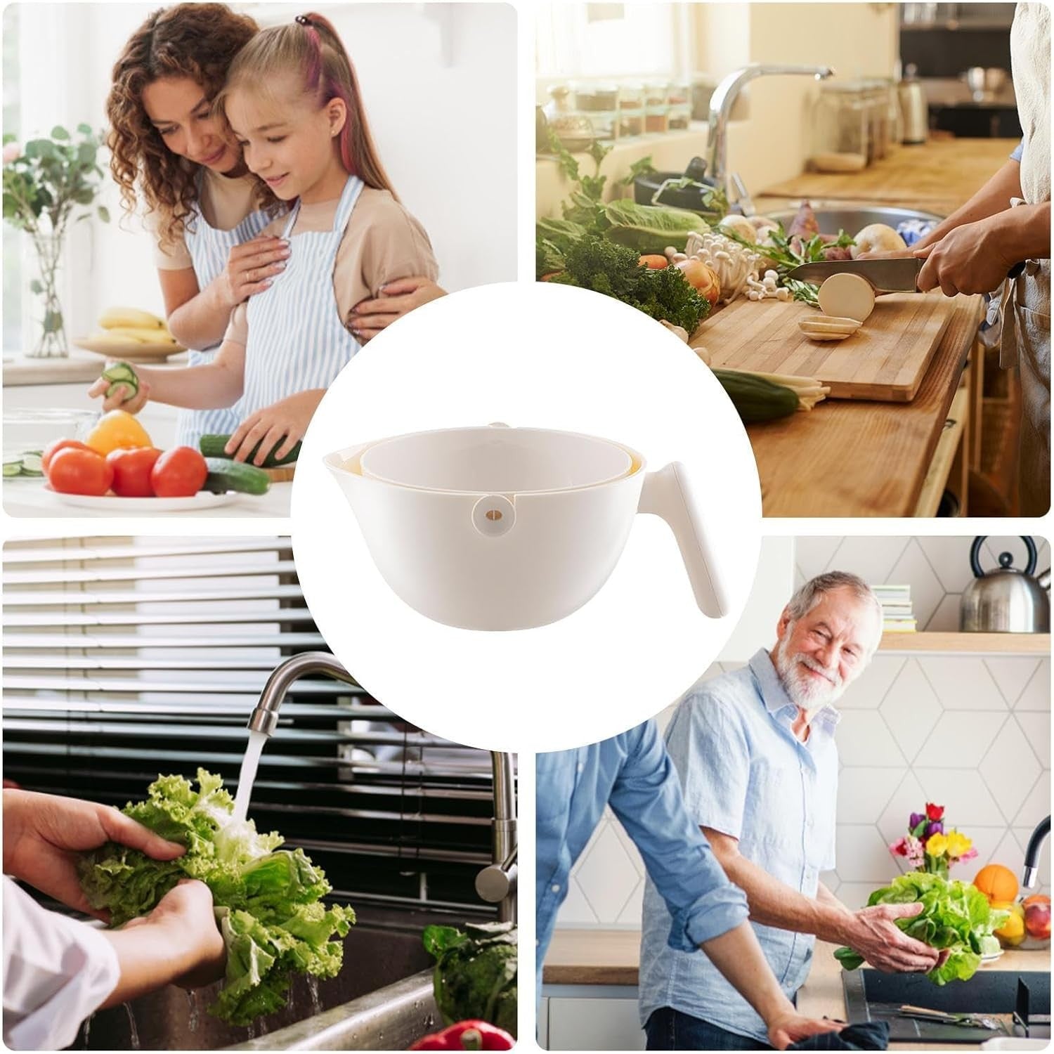 Bol cu Doua Straturi, Kadeny, pentru Fructe, Legume, cu Cos de Scurgere a Apei, 2L, din ABS+PP, 29.9 x 22.5 x 11.8 cm, Alb