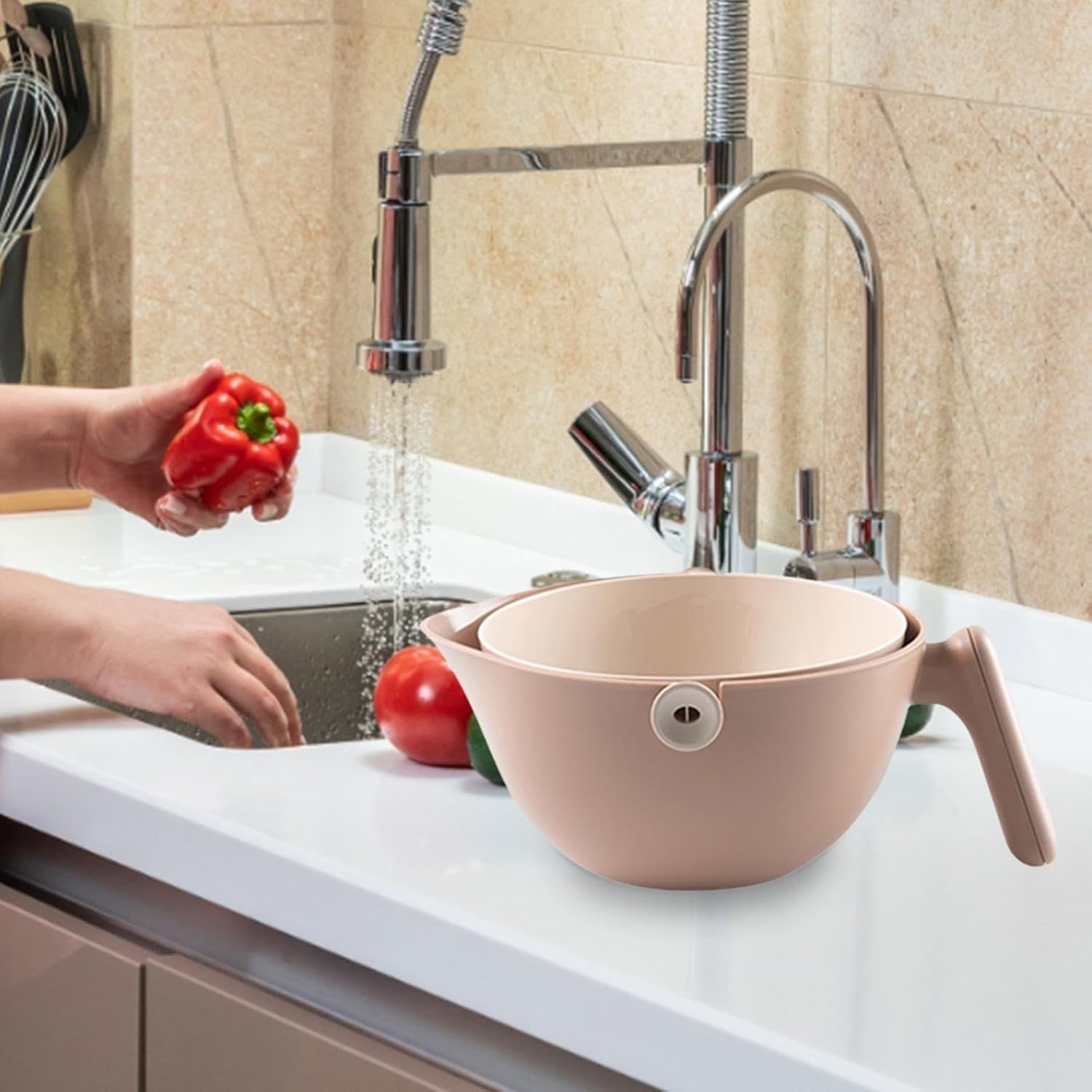 Bol cu Doua Straturi, Kadeny, pentru Fructe, Legume, cu Cos de Scurgere a Apei, 2L, din ABS+PP, 29.9 x 22.5 x 11.8 cm, Maro