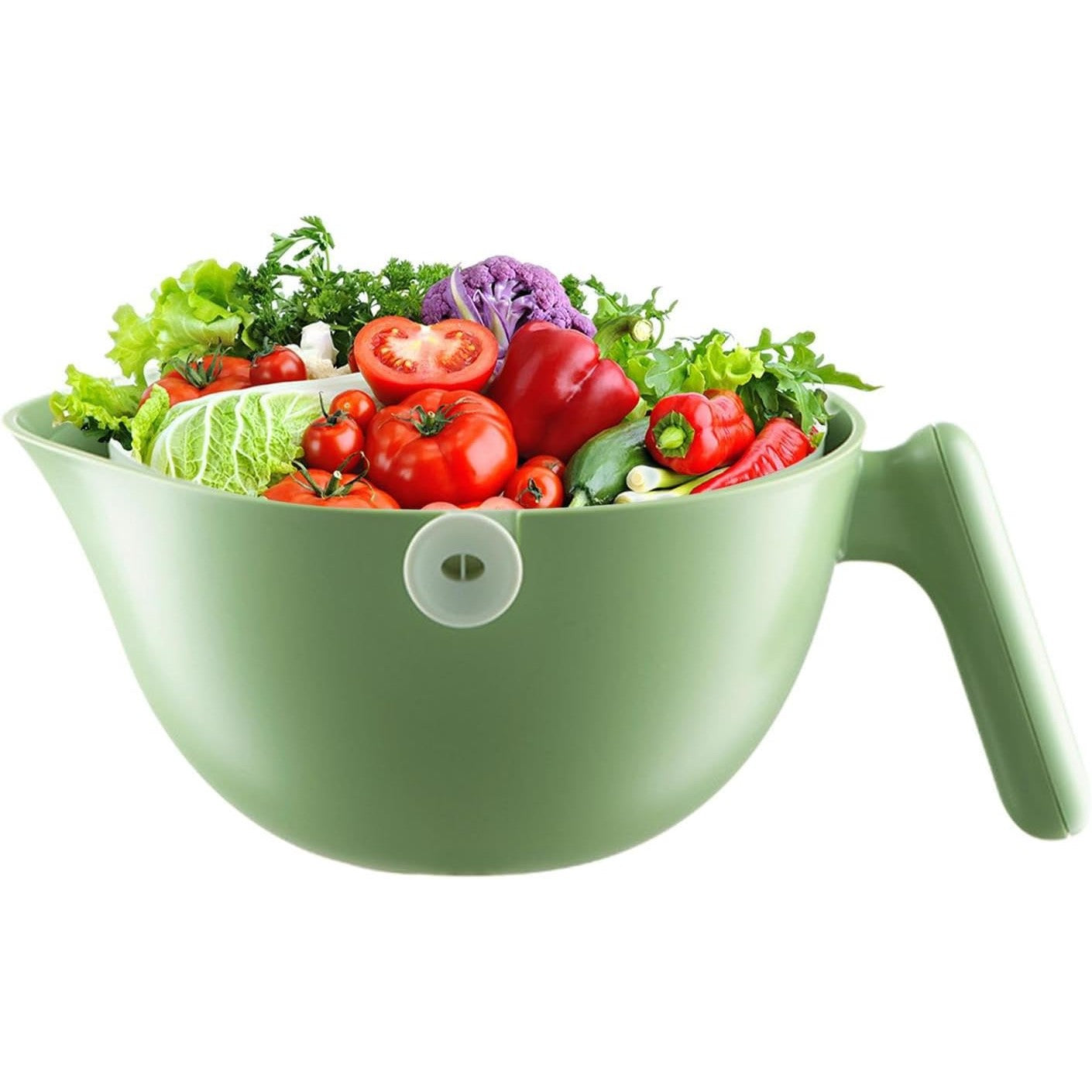 Bol cu Doua Straturi, Kadeny, pentru Fructe, Legume, cu Cos de Scurgere a Apei, 2L, din ABS+PP, 29.9 x 22.5 x 11.8 cm, Verde-Alb