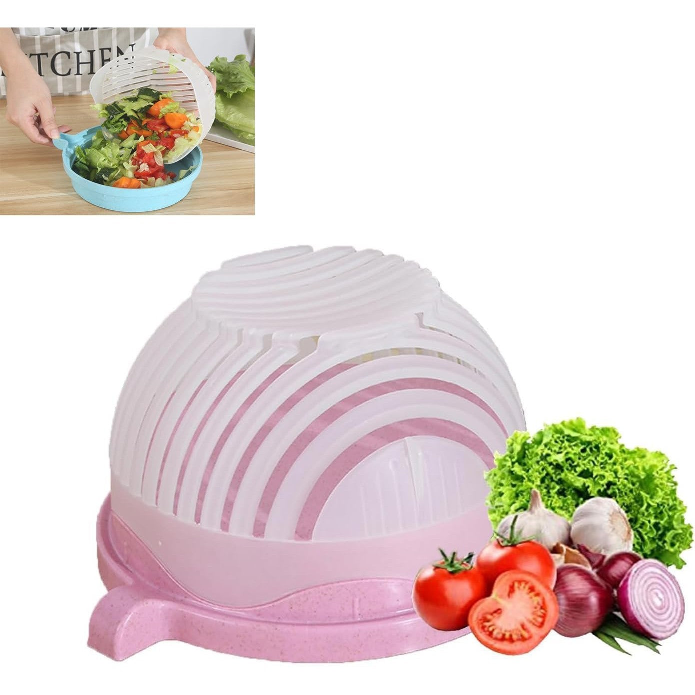 Bol Feliator pentru Salata, Kadeny, Castron Multifunctional pentru Legume si Fructe, pentru Spalat si Taiat Legumele, cu Scurgere si Tocator, Ergonomic, Protectie pentru Maini, 21x18.5x11.5 cm, Roz
