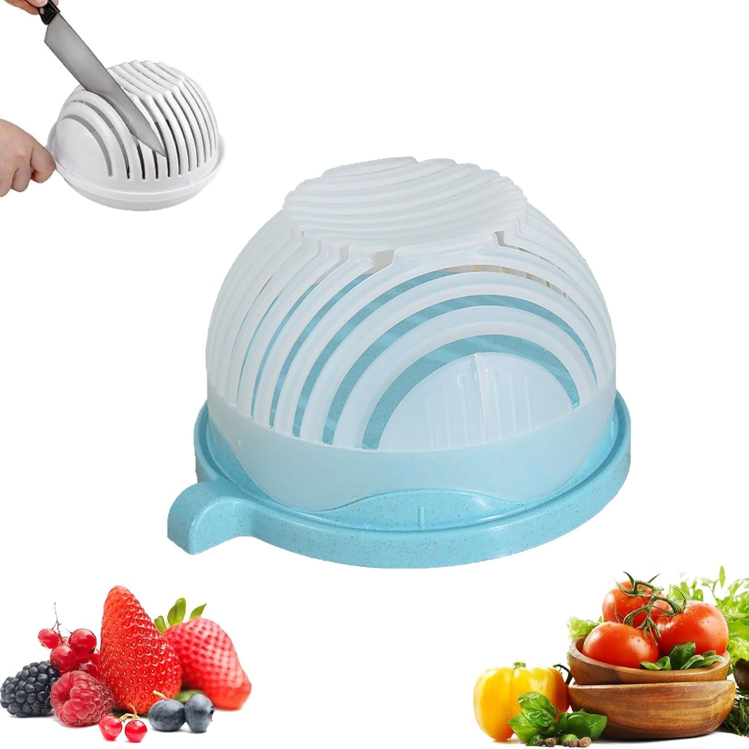 Bol Feliator pentru Salata, Kadeny, Castron Multifunctional pentru Legume si Fructe, pentru Spalat si Taiat Legumele, cu Scurgere si Tocator, Ergonomic, Protectie pentru Maini, 21x18.5x11.5 cm, Albastru