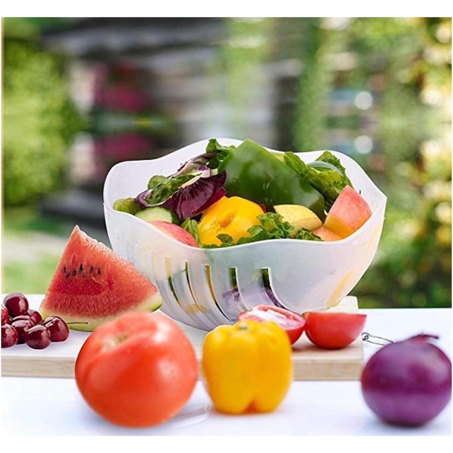 Bol Feliator pentru Salata, Kadeny, Castron Multifunctional pentru Legume si Fructe, pentru Spalat si Taiat Legumele, cu Scurgere si Tocator, Ergonomic, Protectie pentru Maini, 21x18.5x11.5 cm, Albastru