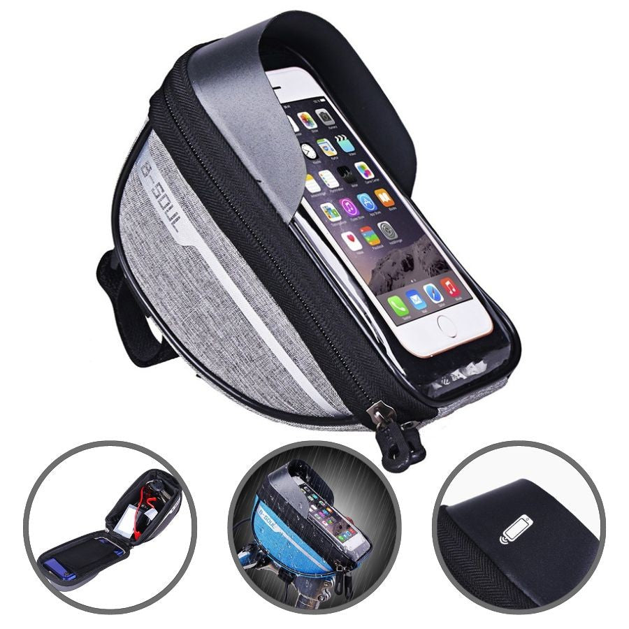 Borseta bicicleta impermeabila cu husa pentru telefon Kaveny, montare pe ghidon, compatibila cu telefoane de pana la 16 cm, spatiu depozitare, 18.5x9.5 cm, gri