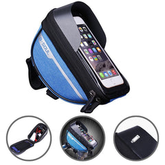 Borseta bicicleta impermeabila cu husa pentru telefon Kaveny, montare pe ghidon, compatibila cu telefoane de pana la 16 cm, spatiu depozitare, 18.5x9.5 cm, albastru