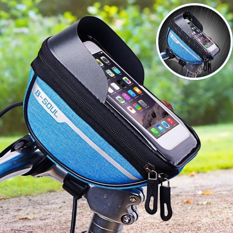 Borseta bicicleta impermeabila cu husa pentru telefon Kaveny, montare pe ghidon, compatibila cu telefoane de pana la 16 cm, spatiu depozitare, 18.5x9.5 cm, albastru