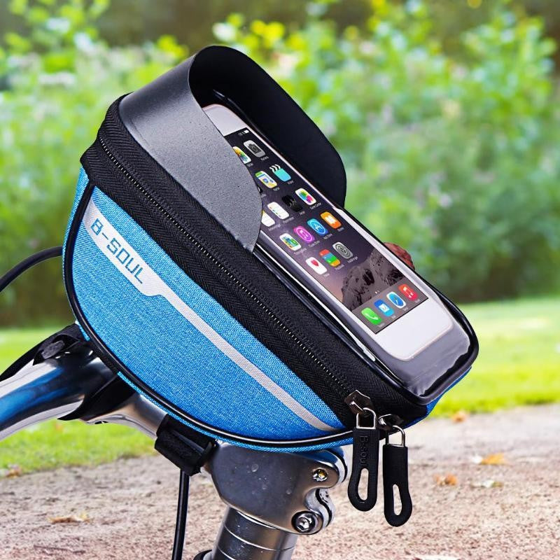 Borseta bicicleta impermeabila cu husa pentru telefon Kaveny, montare pe ghidon, compatibila cu telefoane de pana la 16 cm, spatiu depozitare, 18.5x9.5 cm, albastru