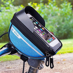 Borseta bicicleta impermeabila cu husa pentru telefon Kaveny, montare pe ghidon, compatibila cu telefoane de pana la 16 cm, spatiu depozitare, 18.5x9.5 cm, albastru