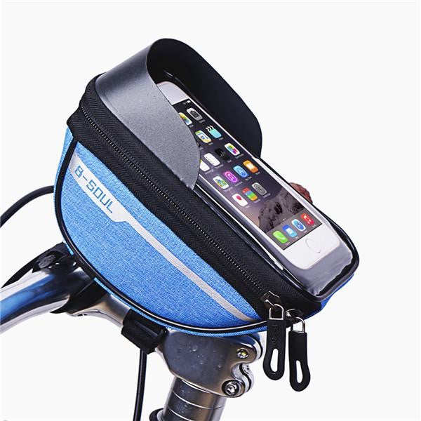Borseta bicicleta impermeabila cu husa pentru telefon Kaveny, montare pe ghidon, compatibila cu telefoane de pana la 16 cm, spatiu depozitare, 18.5x9.5 cm, albastru