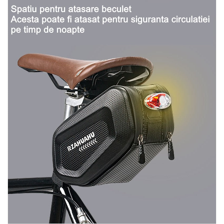 Borseta pentru bicicleta Kaveny, Hard Shell, material piele artificiala si carbon, 20x12x11.5 cm, prindere de sa, capacitate 2L, impermeabila, negru