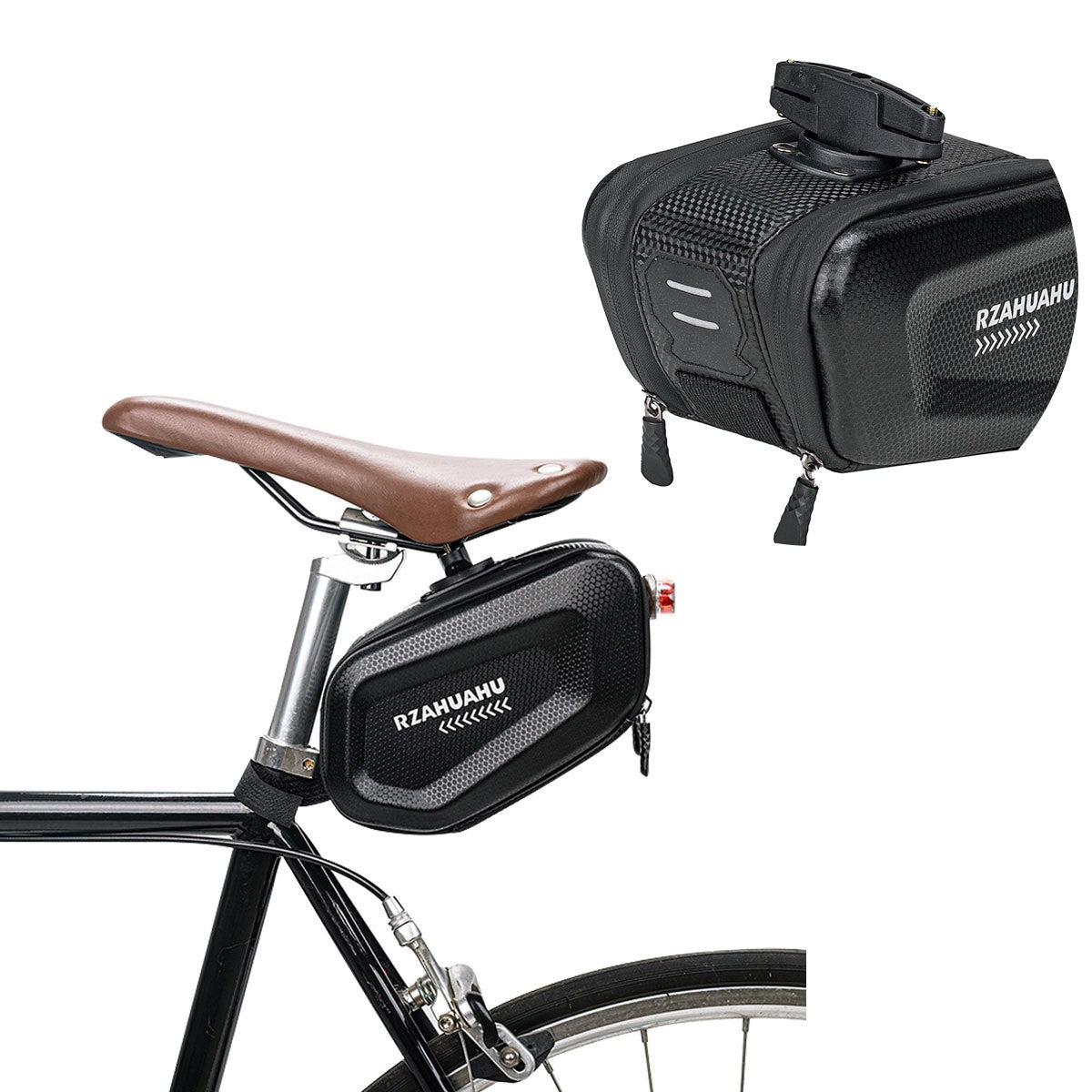 Borseta pentru bicicleta Kaveny, Hard Shell, material piele artificiala si carbon, 20x12x11.5 cm, prindere de sa, capacitate 2L, impermeabila, negru