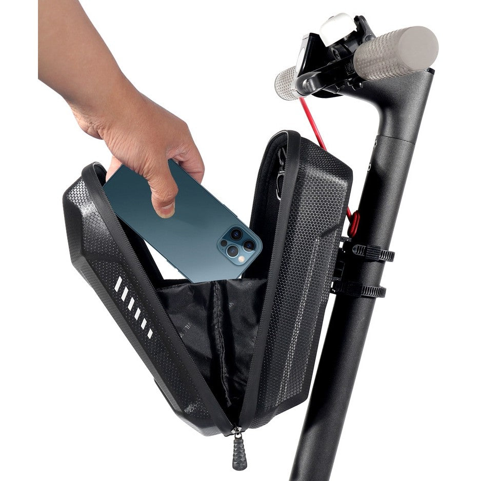 Borseta pentru bicicleta/trotineta Kaveny, spatiu de depozitare, antisoc, waterproof, cu fermoar, 3L, material carbon si plastic dur,  pentru trotineta electrica scuter, bicicleta, negru