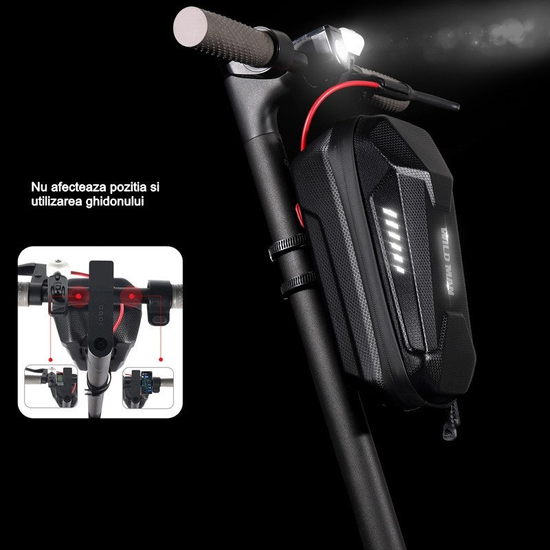 Borseta pentru bicicleta/trotineta Kaveny, spatiu de depozitare, antisoc, waterproof, cu fermoar, 3L, material carbon si plastic dur,  pentru trotineta electrica scuter, bicicleta, negru