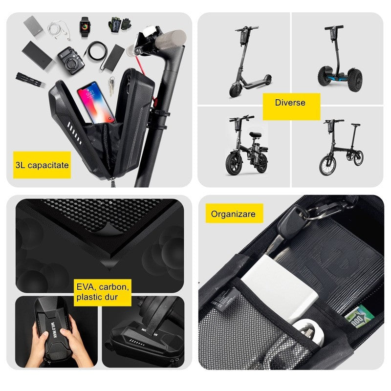 Borseta pentru bicicleta/trotineta Kaveny, spatiu de depozitare, antisoc, waterproof, cu fermoar, 3L, material carbon si plastic dur,  pentru trotineta electrica scuter, bicicleta, negru
