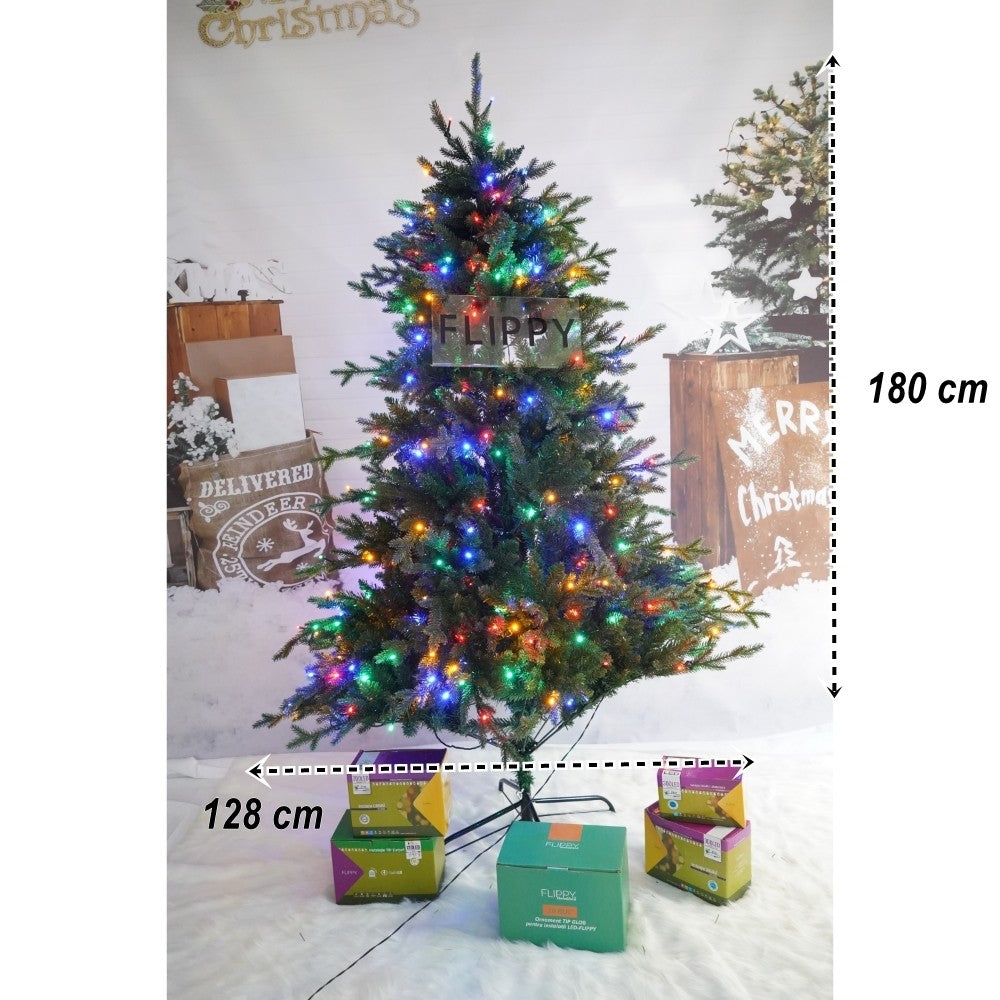 Brad Artificial de Craciun, Becuri led incluse in ramuri, pentru interior/exterior, inaltime 180 cm, diametru 128 cm, 1246 ramuri, Kadeny, verde, suport metalic inclus