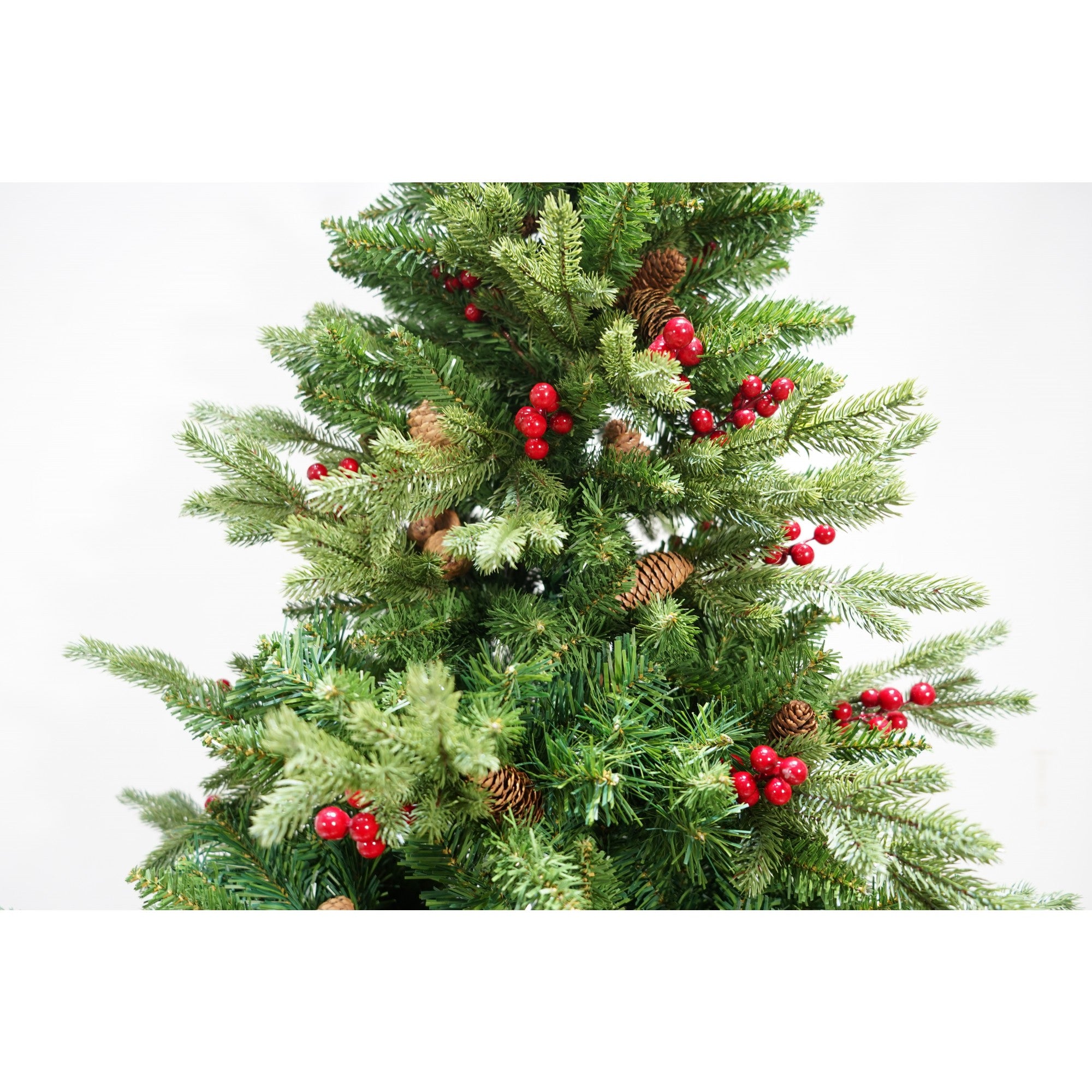 Brad artificial de Craciun bogat, decorat cu conuri pin rosii, inaltime 180 cm,  774 ramuri, Kadeny, verde, suport metalic inclus